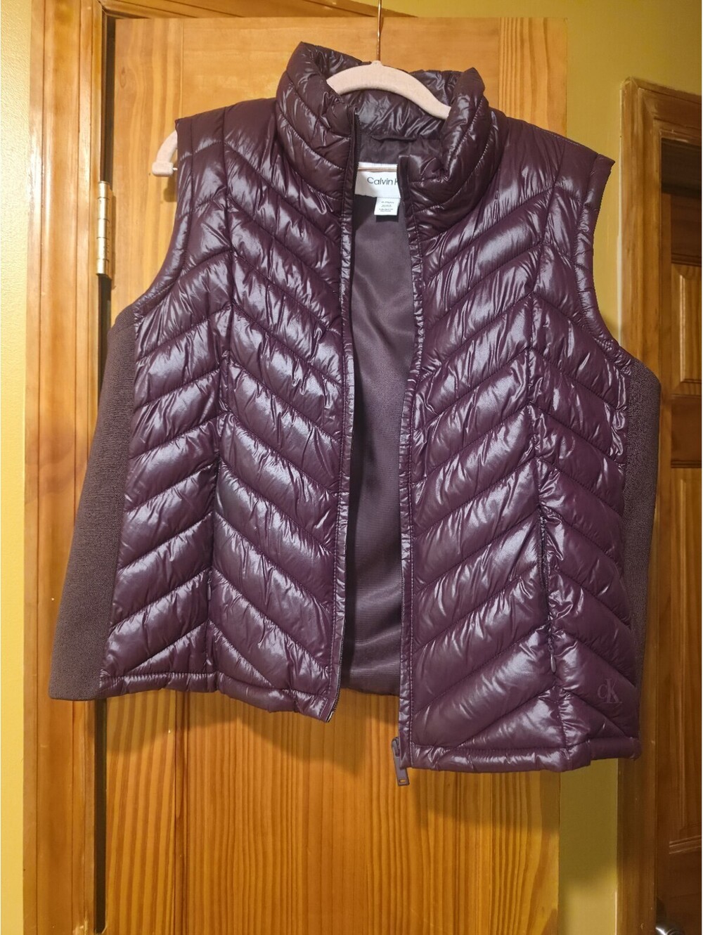 Calvin Klein Quilted Vest Womens XL Metallic Wine Burgundy Duck Down Zip Up